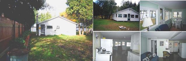 Floor plan and main interior view of Cottage Three