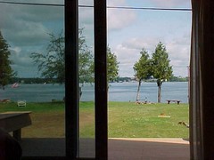 Interiorr of Cottage Seven looking out through the sliding glass door